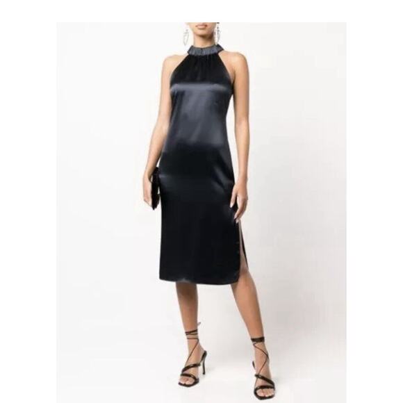 Frame Satin Shirred Halter Neck Midi Dress Navy Blue Size Small XS MSRP $598.00 - Picture 1 of 6